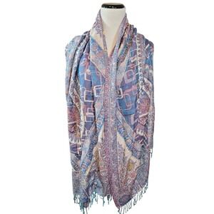 Raj Paisley Print Rayon Scarf Wrap Shawl Blue Pink Embroidered Tassels‎ One Size